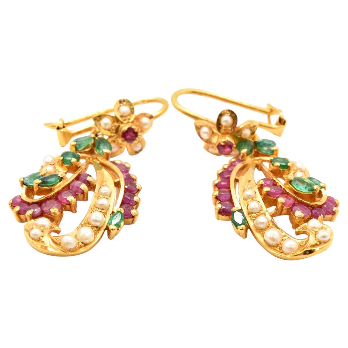 Vintage 22 Karat Gold Emerald, Ruby and Pearl Dangle Earrings, 11.25 Grams