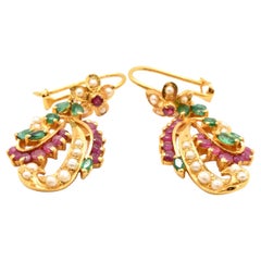 Vintage 22 Karat Gold Emerald, Ruby and Pearl Dangle Earrings, 11.25 Grams