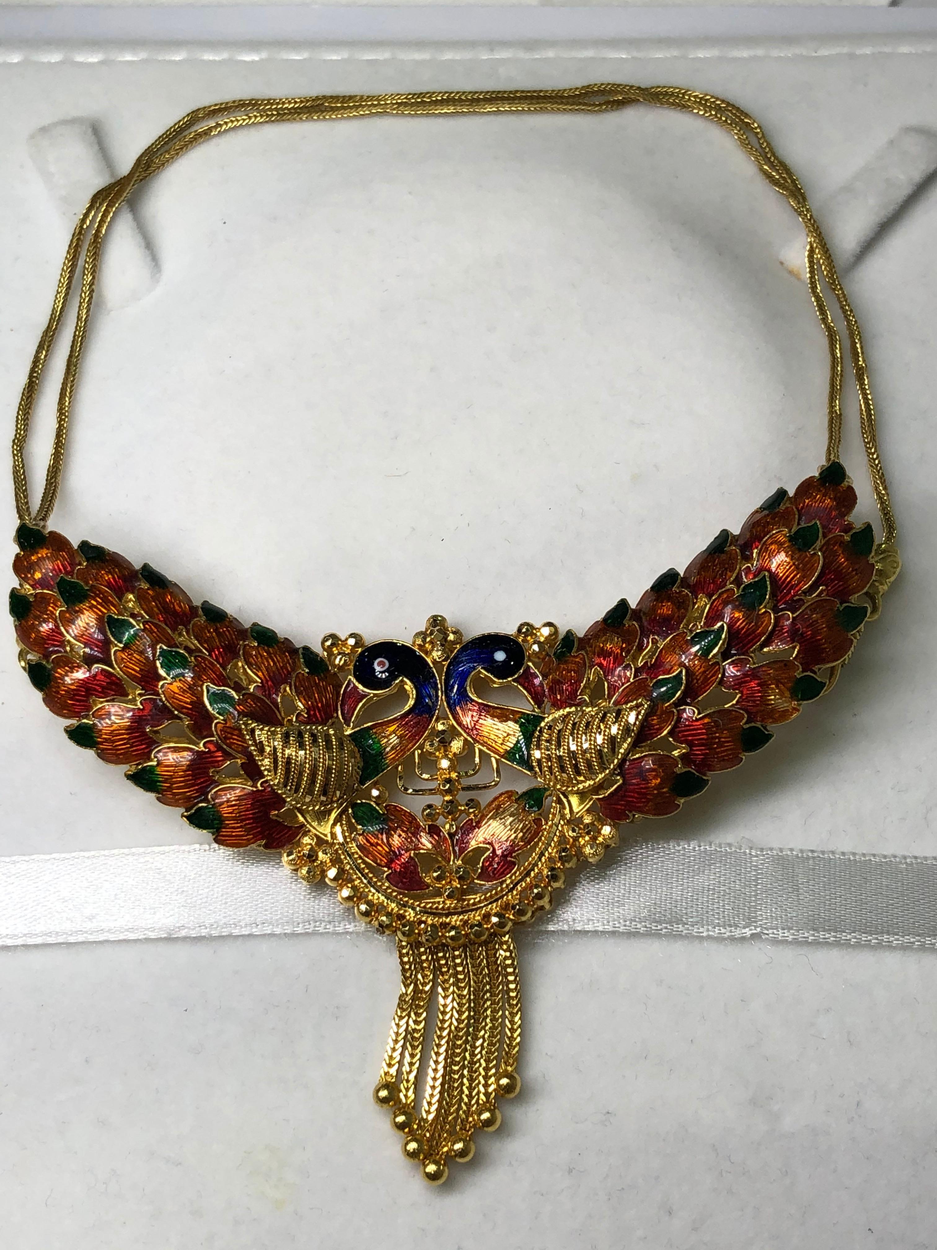 Vintage 22 Karat Gold Handmade Enamel Peacock Earrings For Sale 2
