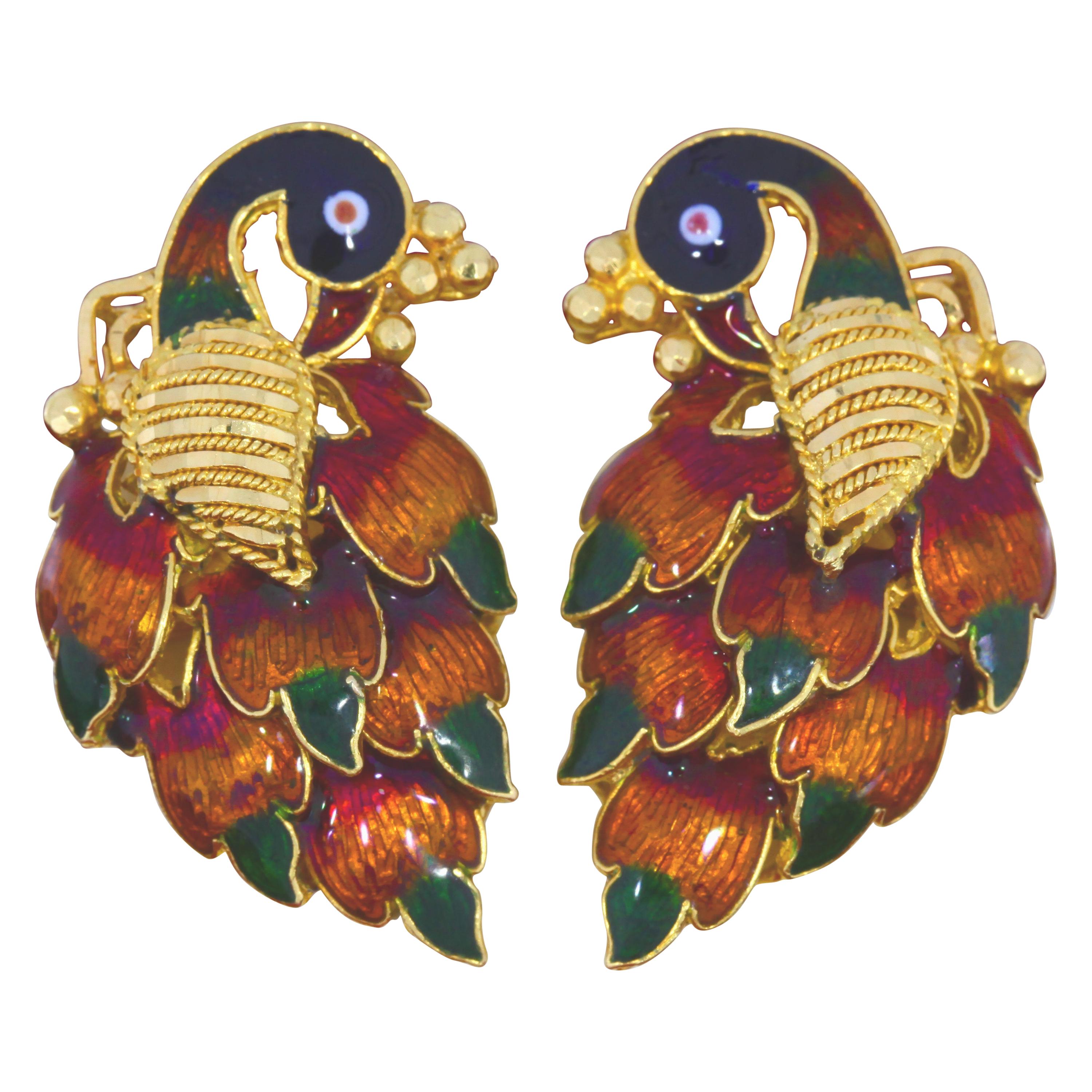 Vintage 22 Karat Gold Indian Made Enamel Peacock Earrings For Sale