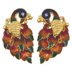 Vintage 22 Karat Gold Indian Made Enamel Peacock Earrings