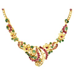 Vintage 22 Karat Yellow Gold Emerald, Ruby and Pearl Necklace