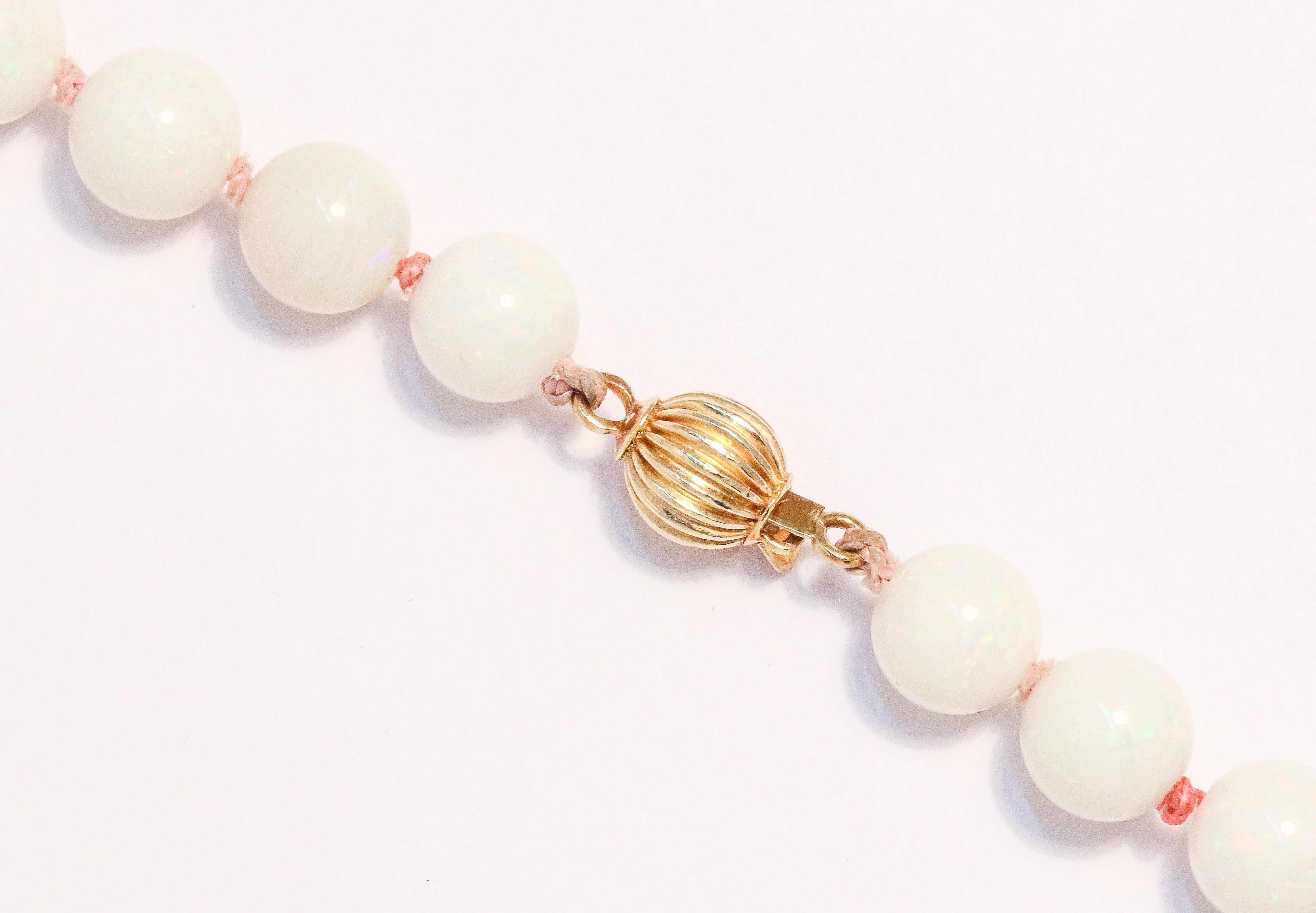 Women's or Men's Vintage Long White Iridescent Opal Gold Necklace Gold Clasp For Sale