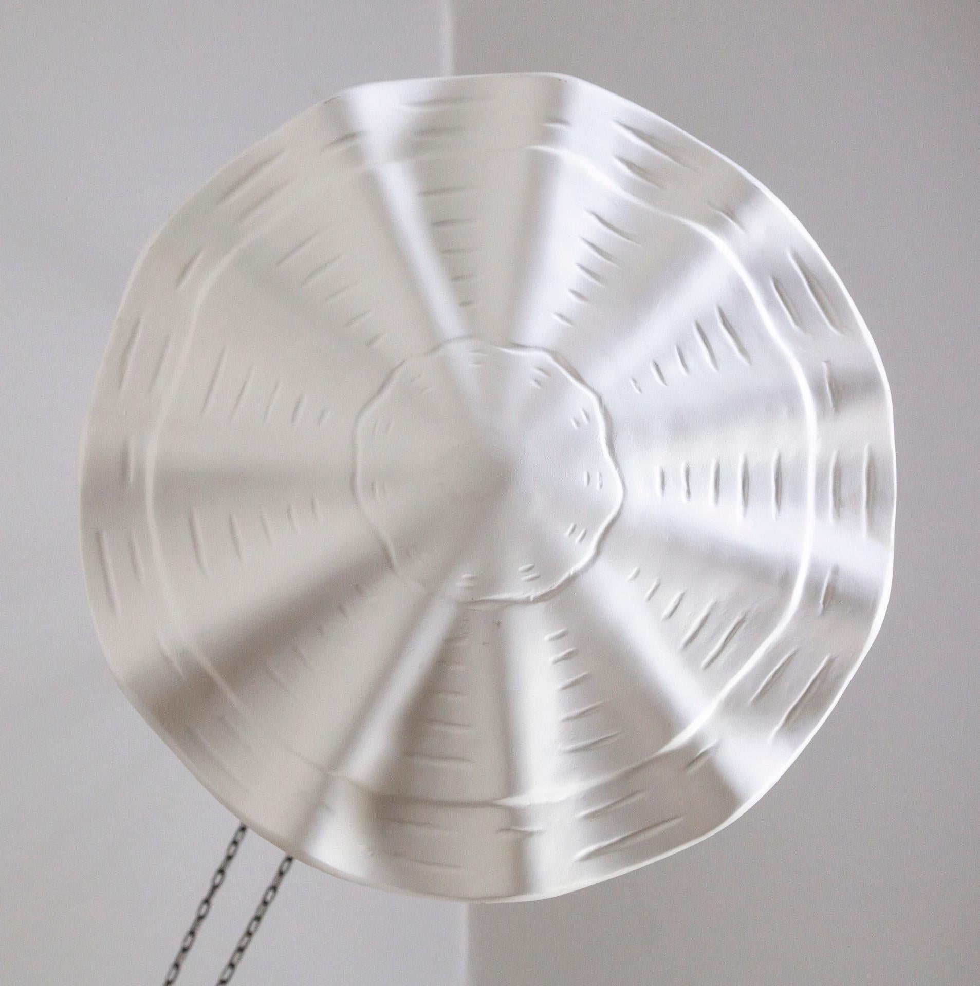 Organic Modern Vintage Ribbed Circular Undulating White Plaster Shell Pendant Light