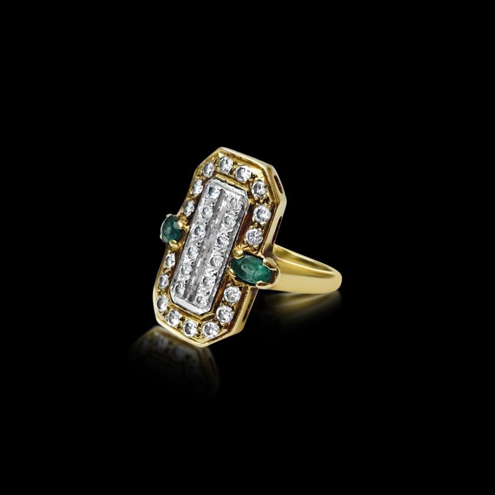 Metal: 14K yellow gold. 
Total carat weight of emerald and diamonds: 2.20 Carats. 100% natural earth mined and genuine diamonds. 

Exquisite round brilliant cut diamonds carefully set in prongs. 
Intense oval cut emeralds on the side, professionally