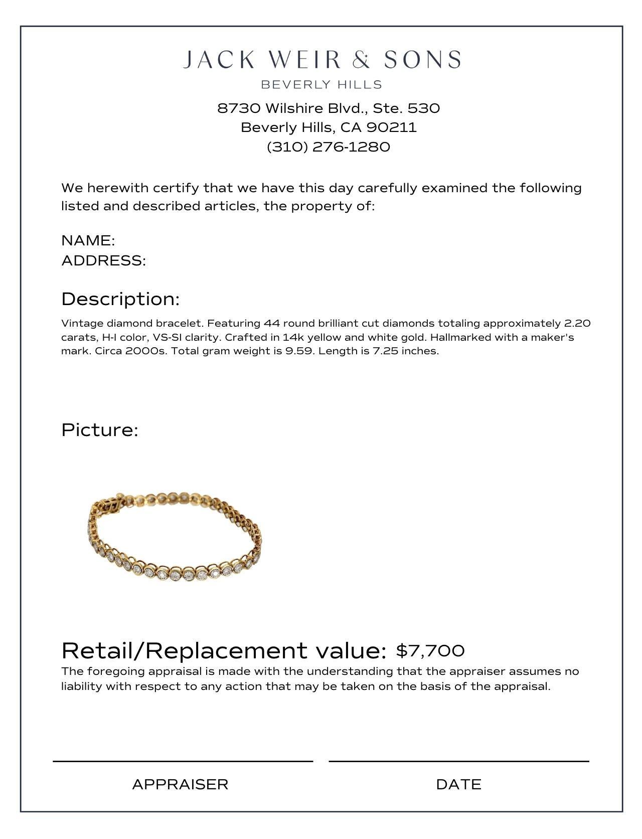 Armband aus 14k Gelbgold mit 2,20 Karat Diamanten im Gesamtgewicht, Vintage (Brillantschliff)