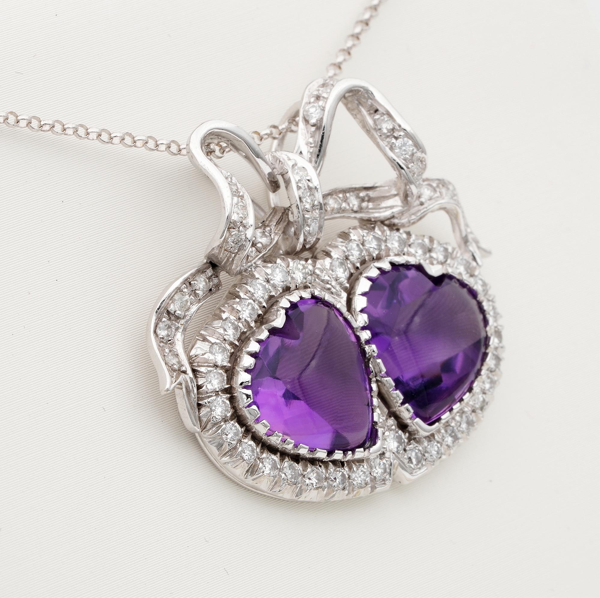 Contemporary Vintage 22.0 Ct Amethyst 1.90 Ct Diamond Sweet Heart Pendant 18 Kt For Sale