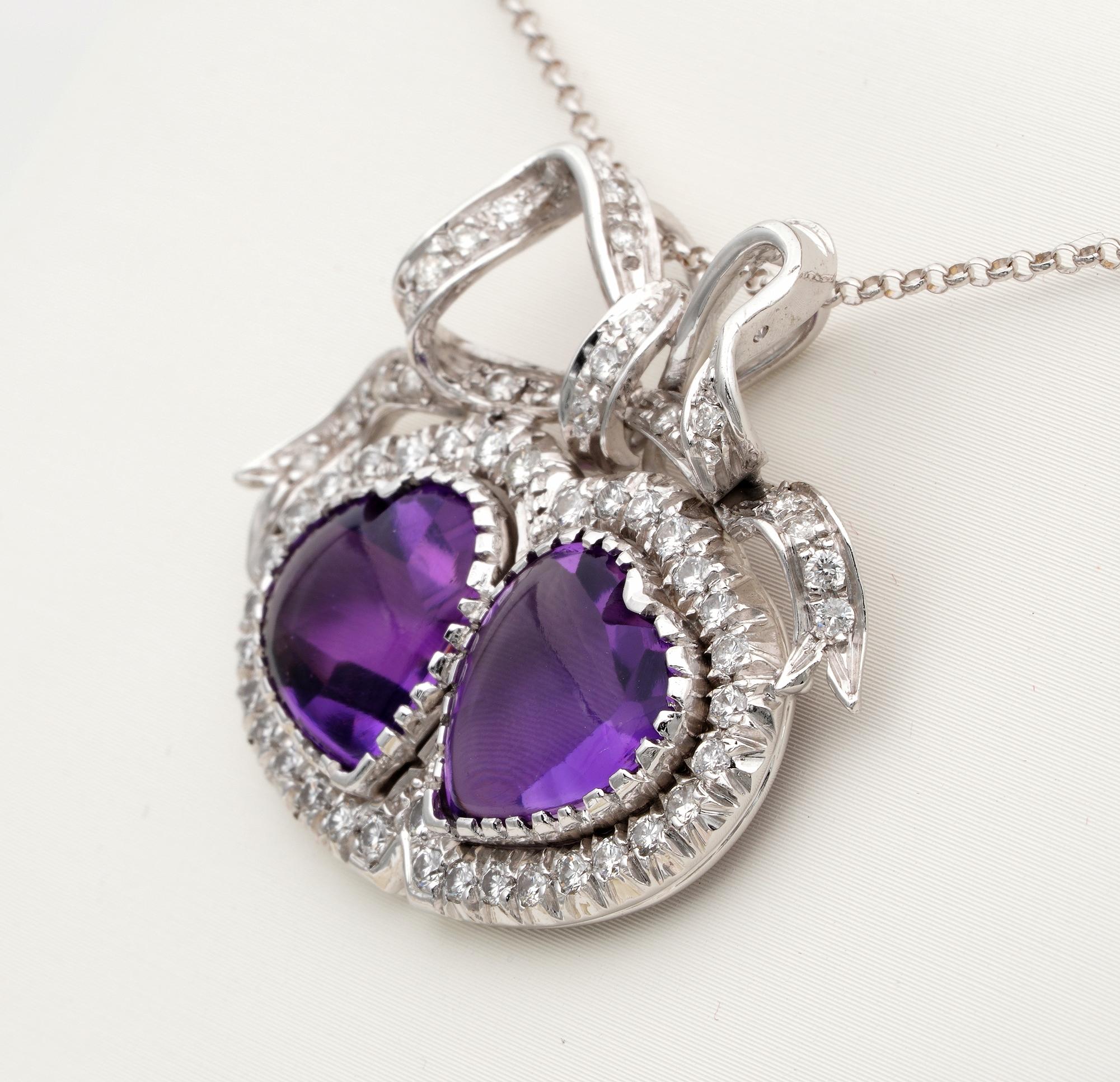 Vintage 22.0 Ct Amethyst 1.90 Ct Diamond Sweet Heart Pendant 18 Kt In Good Condition For Sale In Napoli, IT