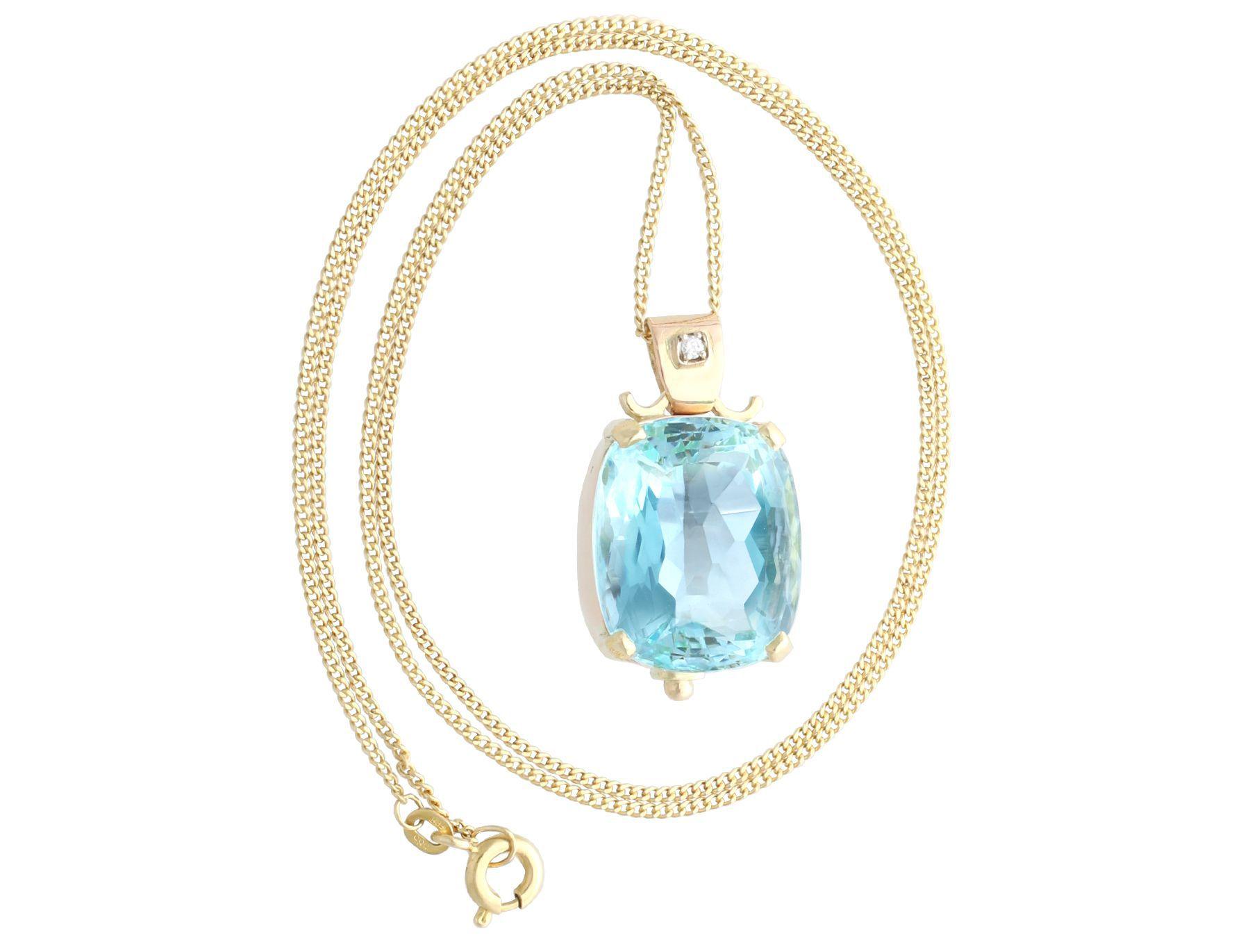 Cushion Cut Vintage 22.11ct Aquamarine and Diamond, 14ct Yellow Gold Pendant