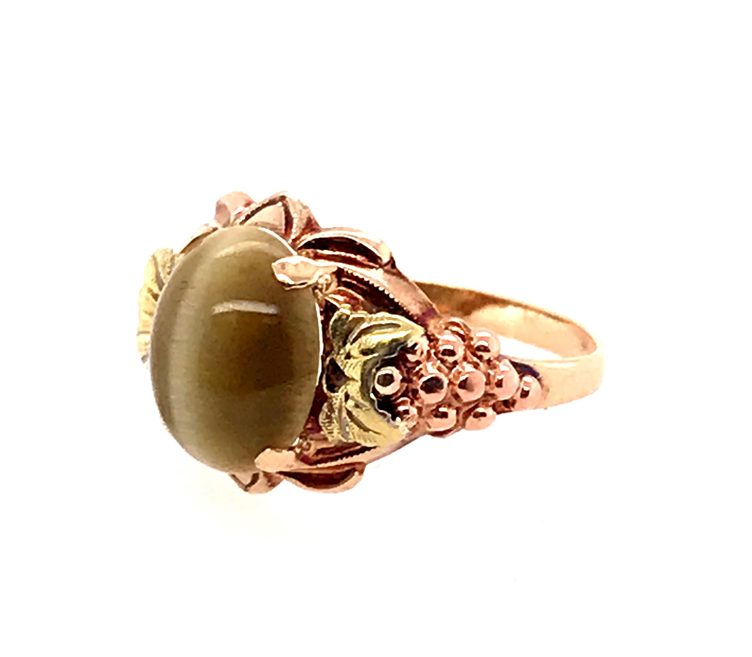 Art Deco Vintage 2.21ct Tiger's Eye Cocktail Ring Antique Deco Yellow, Pink & Green Gold For Sale