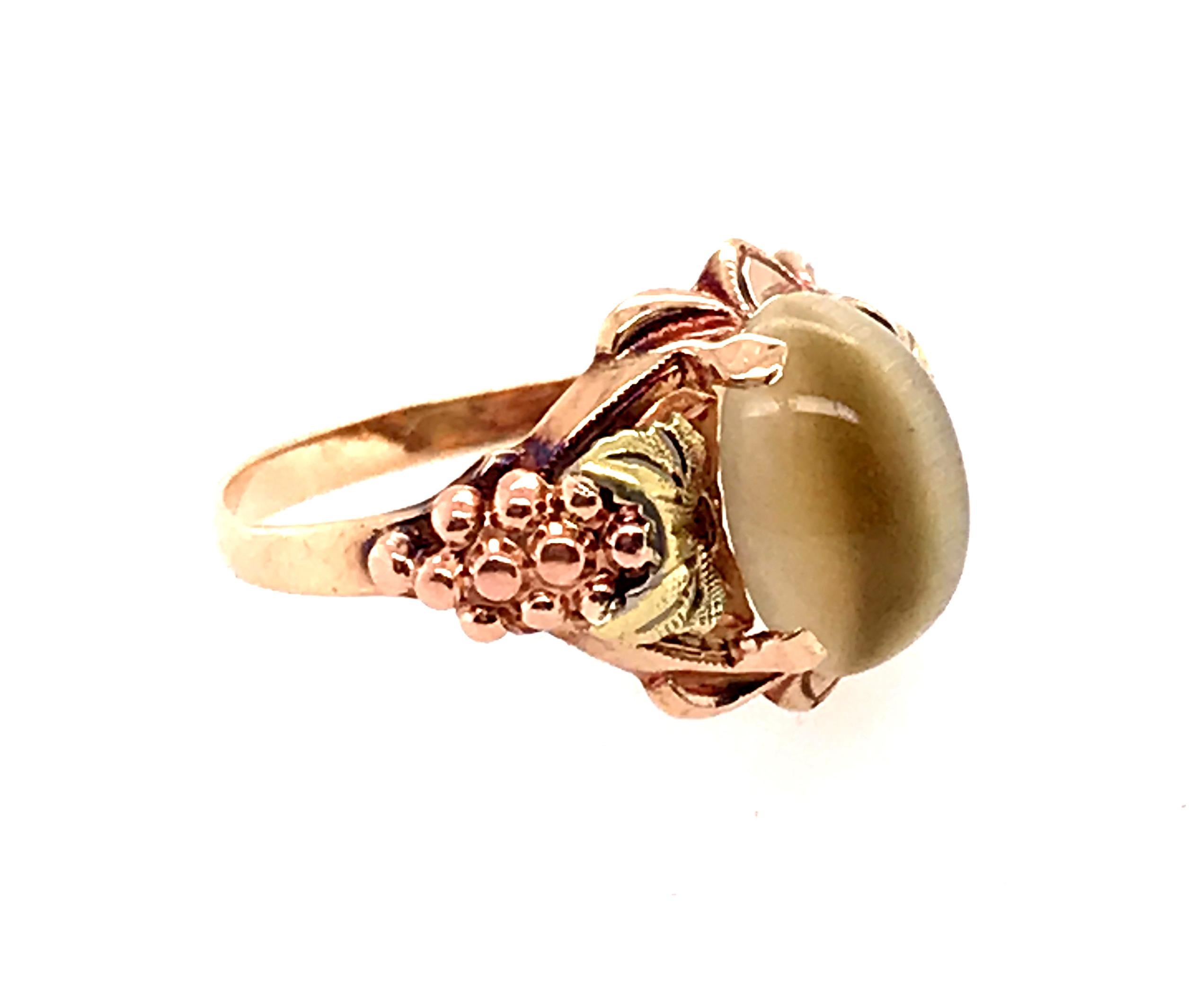 Cabochon Vintage 2.21ct Tiger's Eye Cocktail Ring Antique Deco Yellow, Pink & Green Gold For Sale