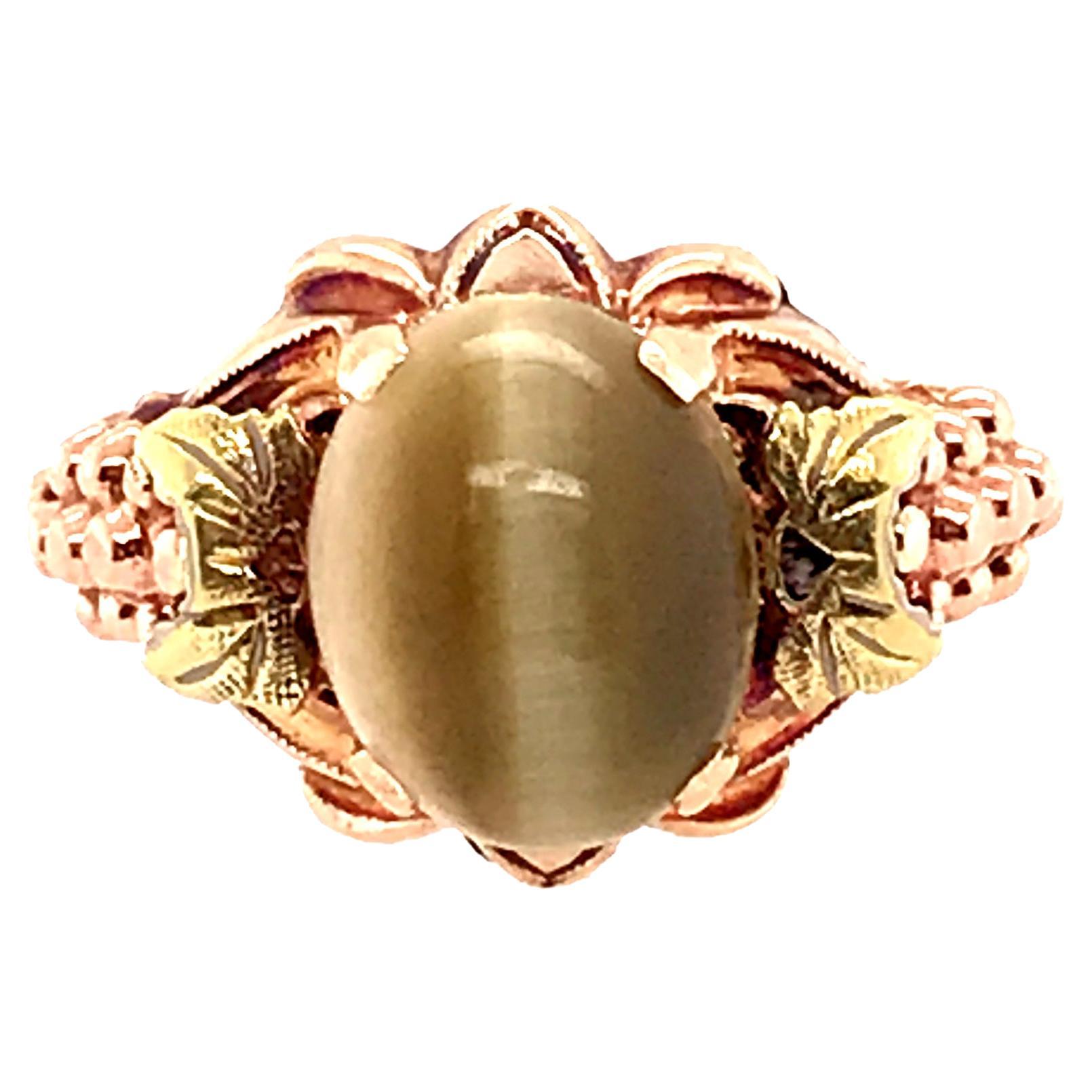 Vintage 2.21ct Tiger's Eye Cocktail Ring Antique Deco Yellow, Pink & Green Gold For Sale