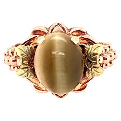 Antique 2.21ct Tiger's Eye Cocktail Ring Antique Deco Yellow, Pink & Green Gold
