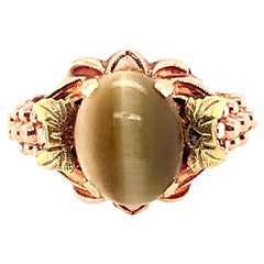 Vintage 2.21ct Tiger's Eye Cocktail Ring Antique Deco Yellow, Pink & Green Gold
