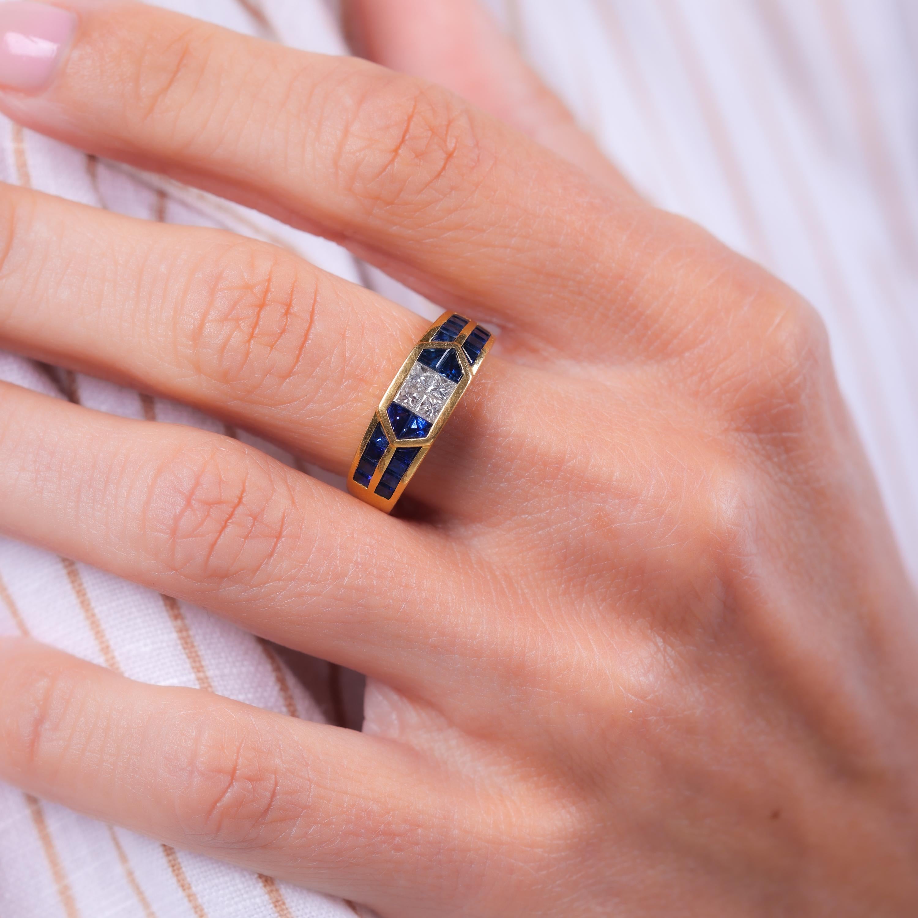 Anillo vintage de oro amarillo de 18 quilates con diamante y zafiro de 2,24 quilates Corte princesa