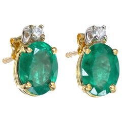 Vintage 2.25 Carat Bright Oval Emerald Yellow White Gold Diamond Earrings