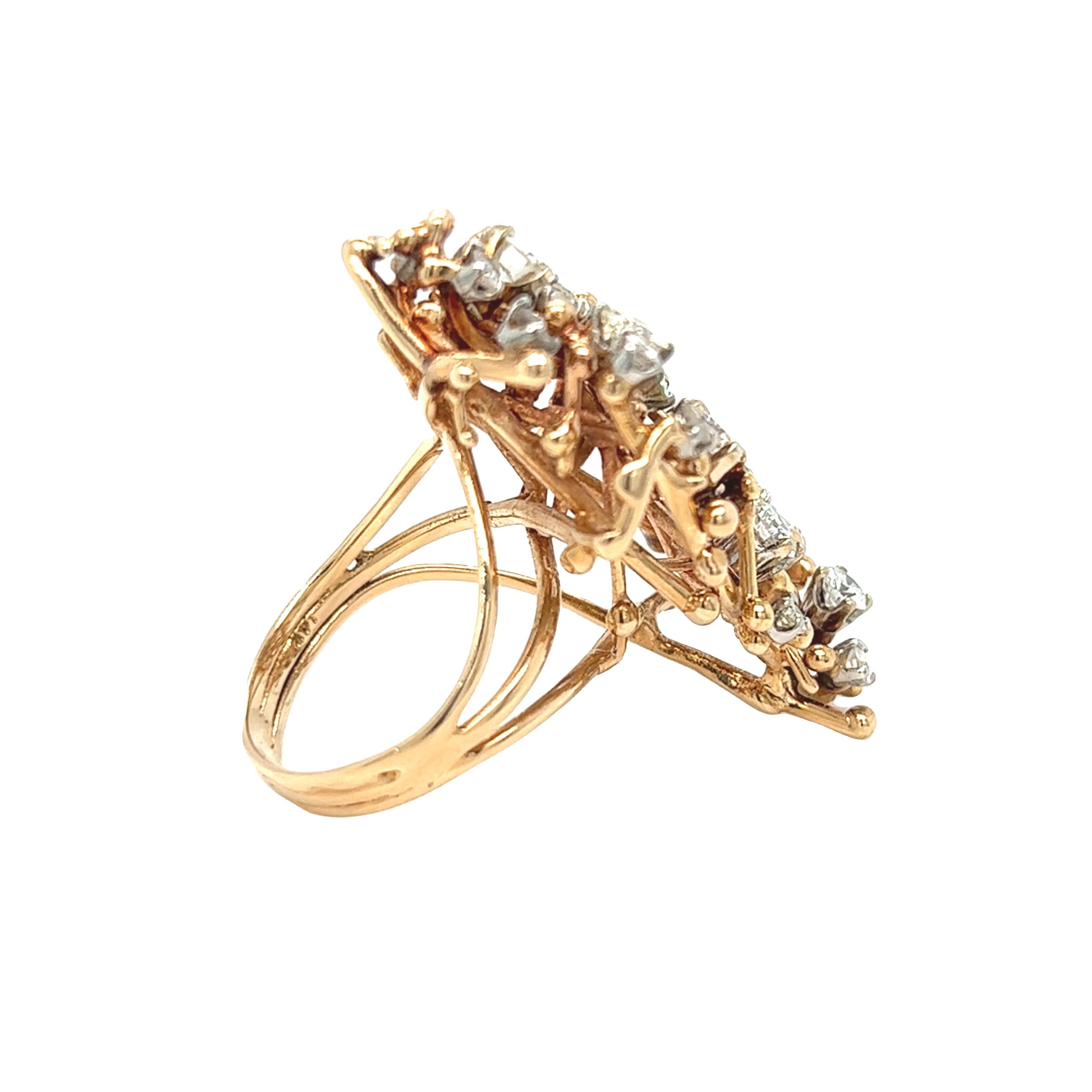 Brutalist Era 2.25 Carat Cluster Diamond Ring 14K Yellow Gold In Good Condition For Sale In beverly hills, CA
