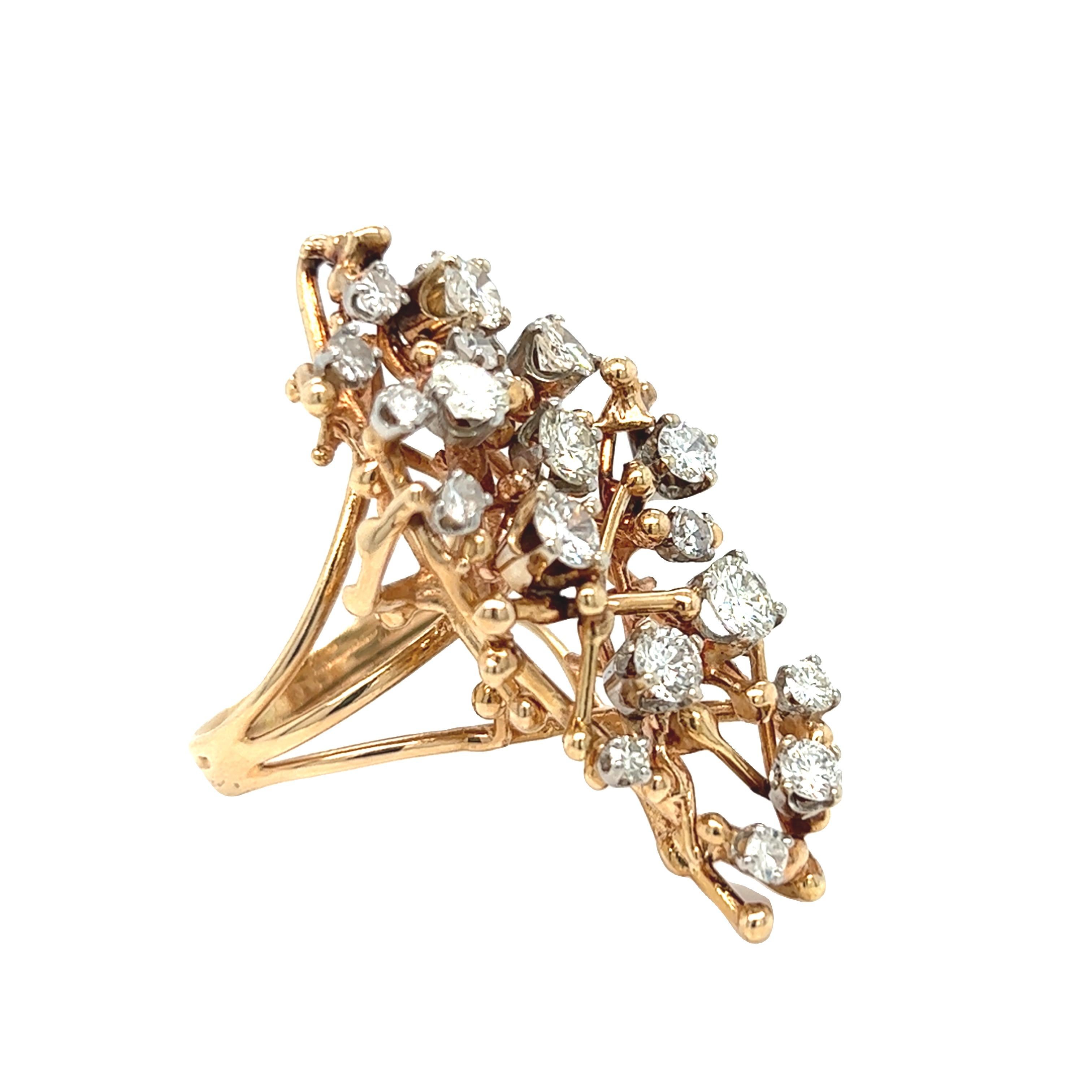 Women's or Men's Brutalist Era 2.25 Carat Cluster Diamond Ring 14K Yellow Gold For Sale