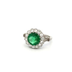 Vintage 2.25 Carat Round Emerald and OEC Diamond Platinum Ring