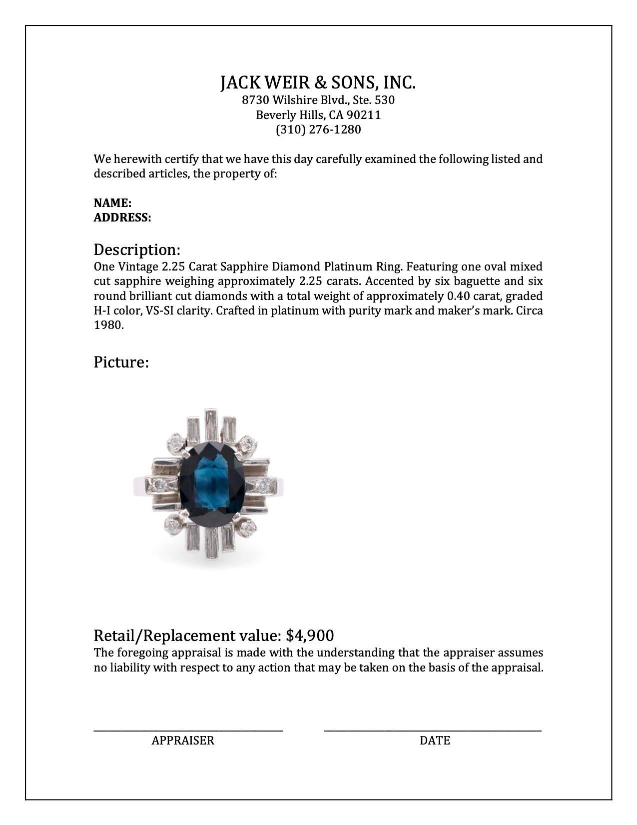 Women's or Men's Vintage 2.25 Carat Sapphire Diamond Platinum Ring For Sale