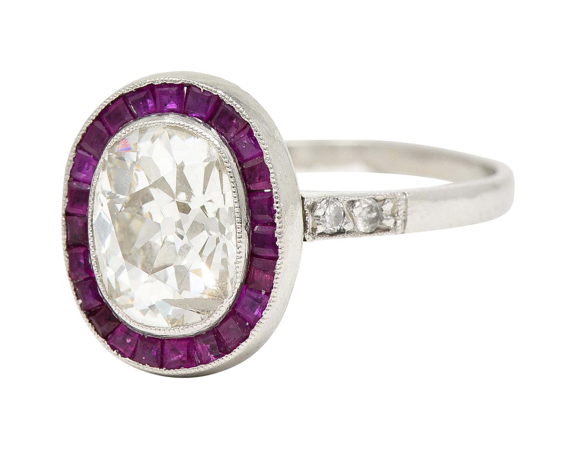 Women's or Men's Vintage 2.25 Carats Old Mine Cut Diamond Ruby Platinum Halo Engagement Ring