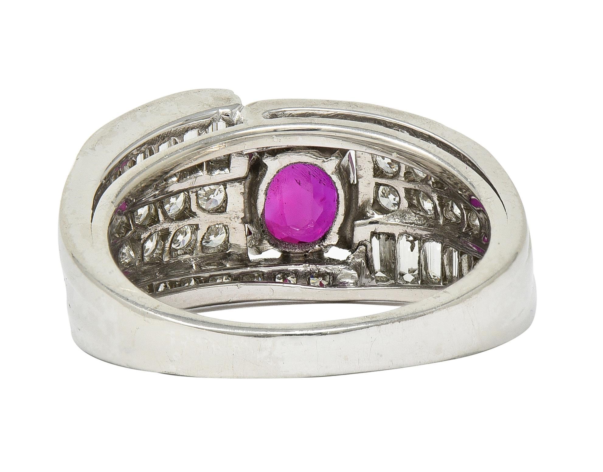 Taille coussin Vintage 2.25 CTW No Heat Ruby Diamond Platinum Wide Band Ring GIA en vente