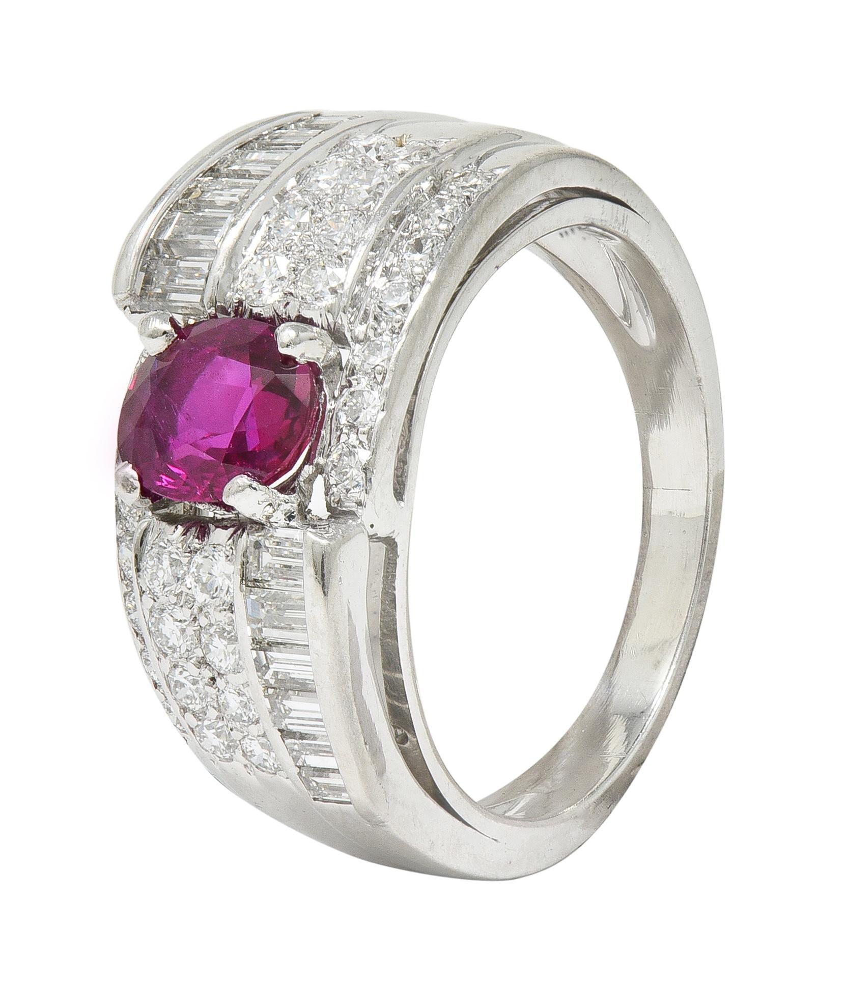 Vintage 2.25 CTW No Heat Ruby Diamond Platinum Wide Band Ring GIA en vente 1