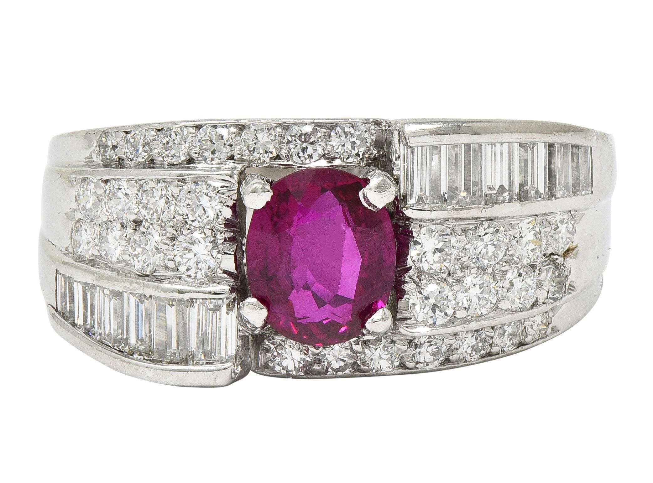 Vintage 2.25 CTW No Heat Ruby Diamond Platinum Wide Band Ring GIA en vente