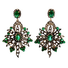 Vintage 2.25-Inch Kundan-Style Emerald & Rose-Cut Diamond Earrings in Silver