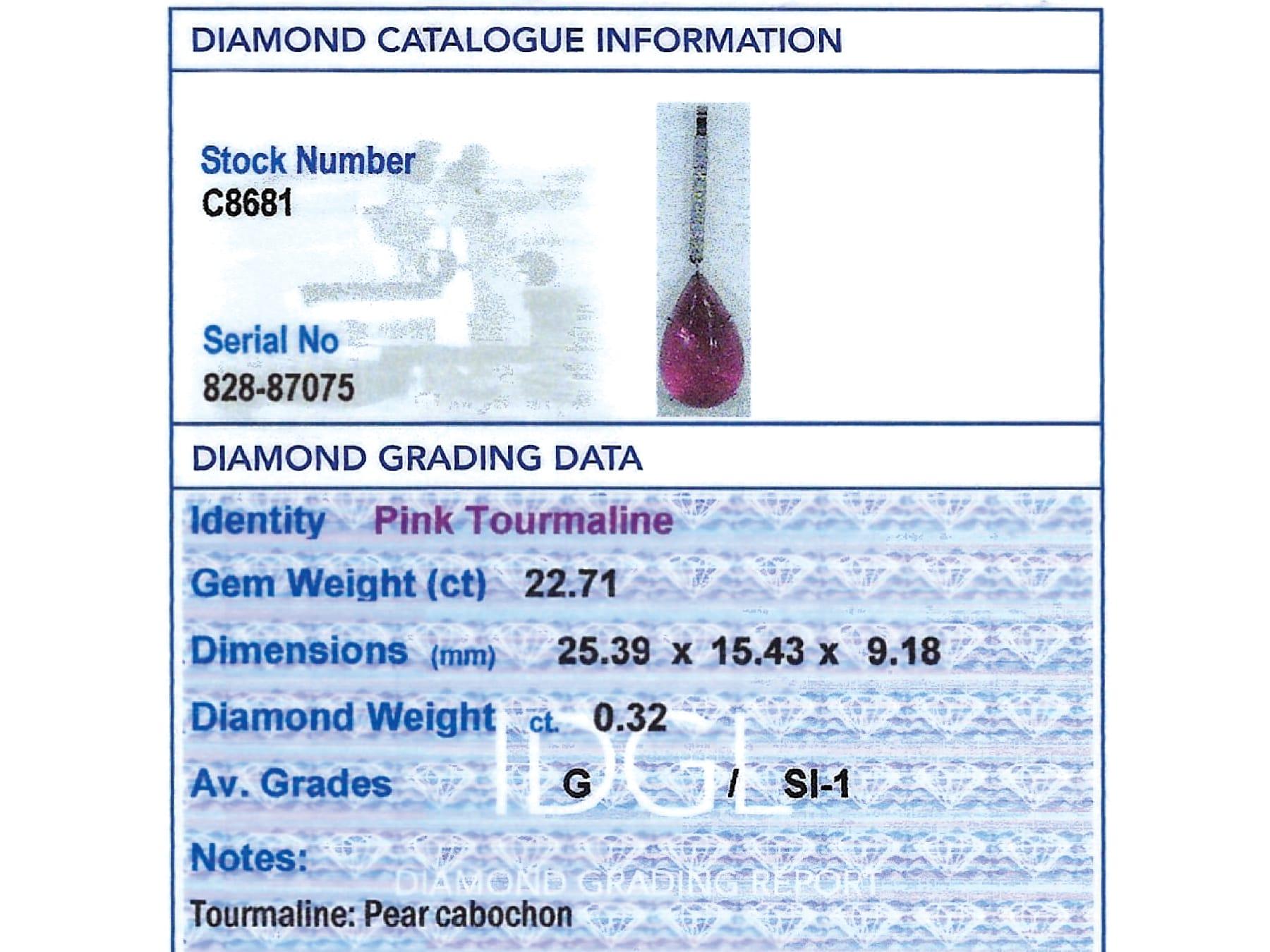 Pendentif vintage en platine avec tourmaline rose 22,71 carats et diamants 0,32 carat en vente 1