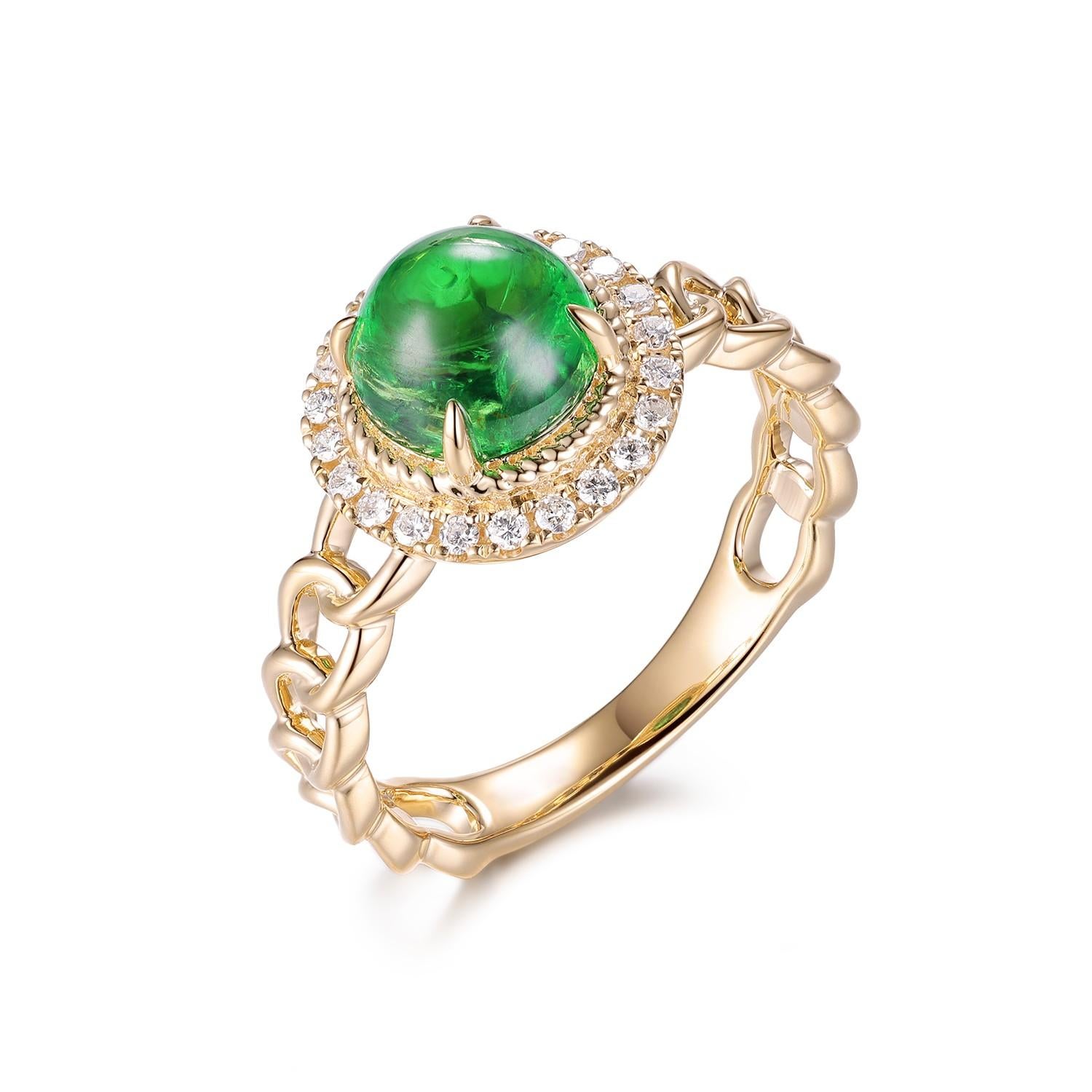 Experience the allure of timeless luxury with this exquisite 18 karat yellow gold ring. The centerpiece is a vibrant 2.28-carat tsavorite gemstone, its rich green hue symbolizing vitality and prosperity. The tsavorite is encircled by a delicate halo