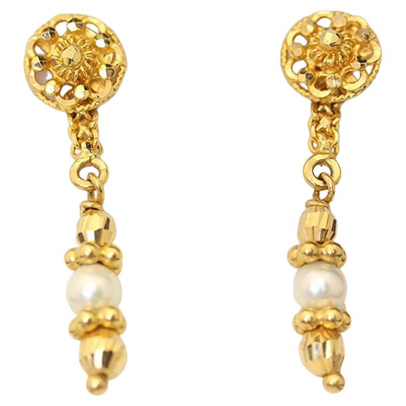 Vintage 22ct Gold and Pearl Ornate Drop Earrings For Sale at 1stDibs