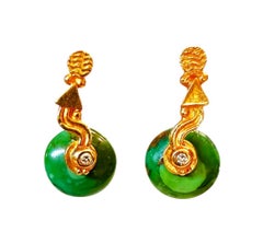 Pendientes vintage de oro amarillo de 22 quilates y 18 quilates con calcedonia verde y diamantes