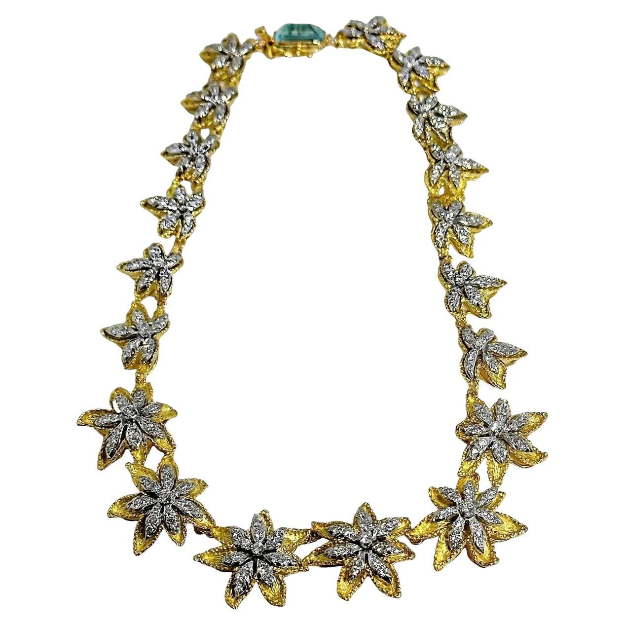This truly luxurious Floral Motif choker necklace is comprised of one line of nineteen graduated stylized flowers.
Fourteen of which are set generously with brilliant cut diamonds in petals and pistol. The five sizing flower links at the rear are