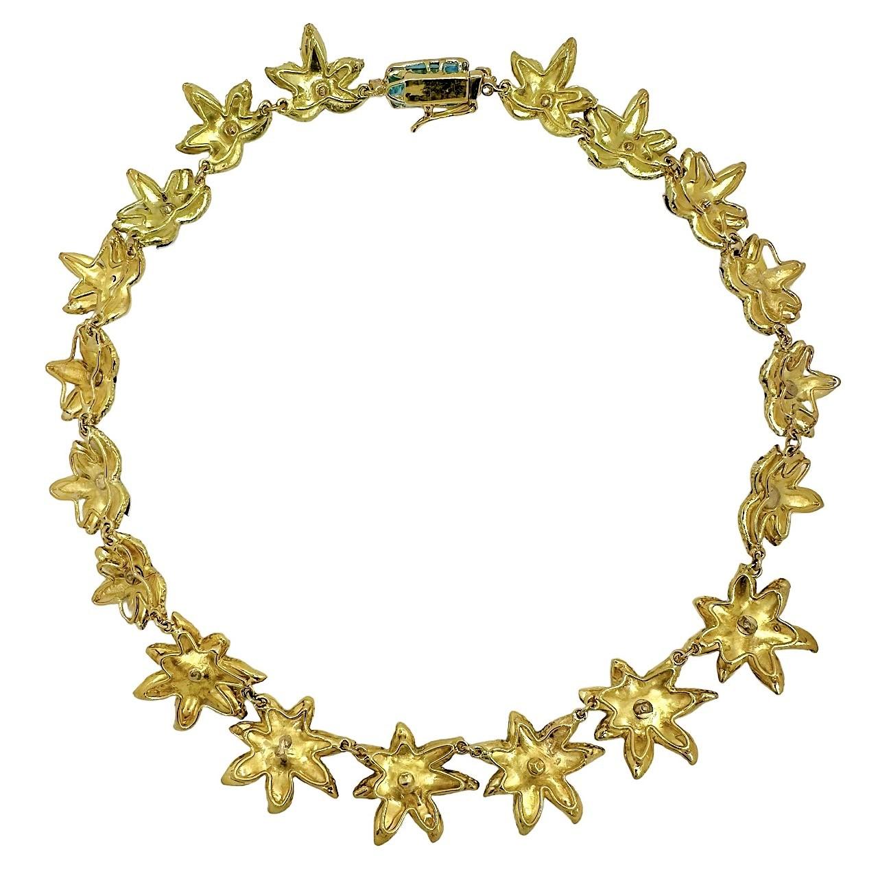 Brilliant Cut Vintage 18k Yellow Gold Floral Motif Necklace with Diamonds