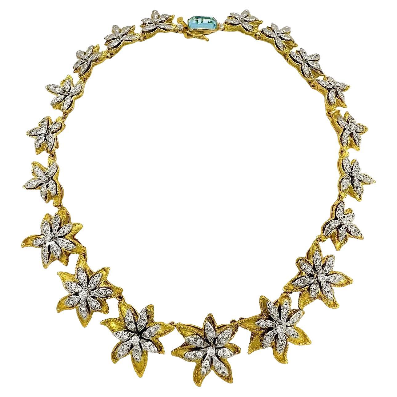 Vintage 18k Yellow Gold Floral Motif Necklace with Diamonds