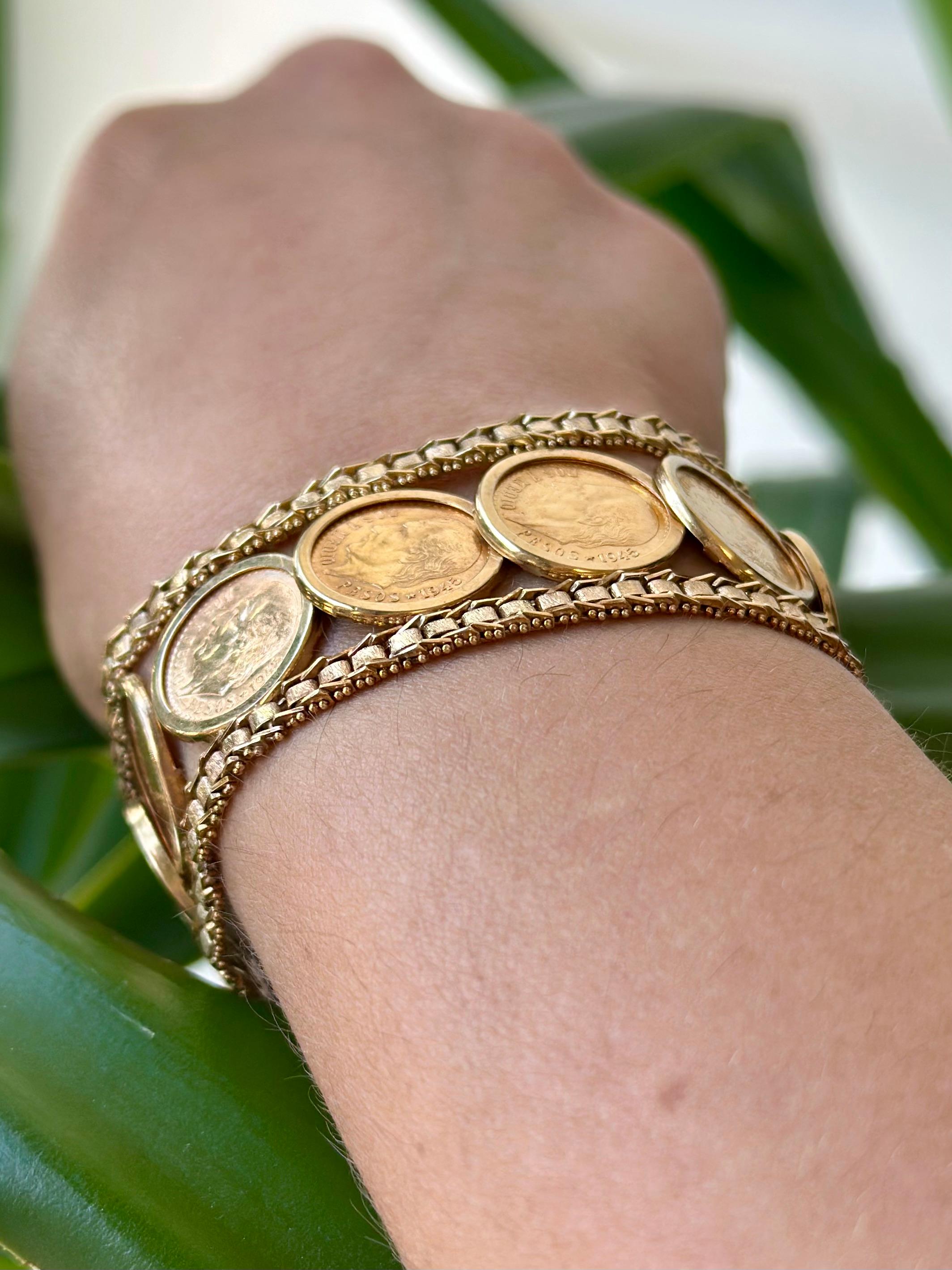 Vintage 22K 1945 2,5 Pesos-Münzen in 14K Gelbgold-Armband im Angebot 2
