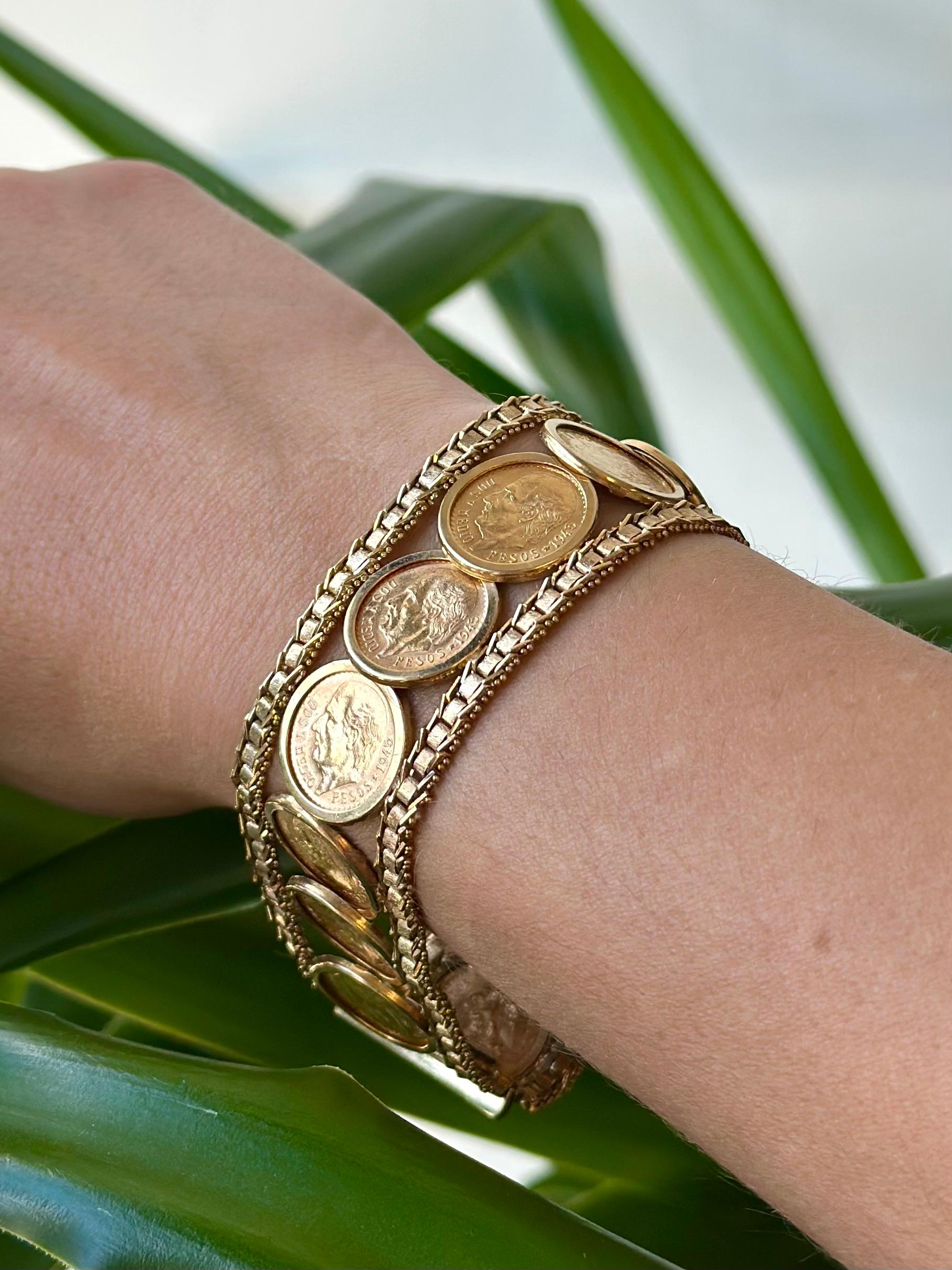 Vintage 22K 1945 2,5 Pesos-Münzen in 14K Gelbgold-Armband im Angebot 3