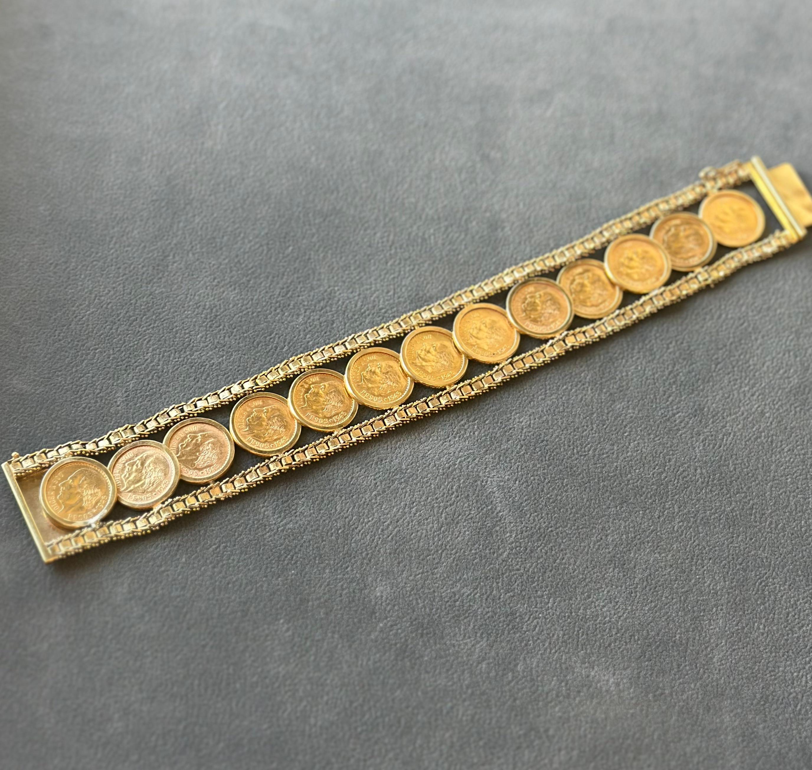 Vintage 22K 1945 2,5 Pesos-Münzen in 14K Gelbgold-Armband im Angebot 4