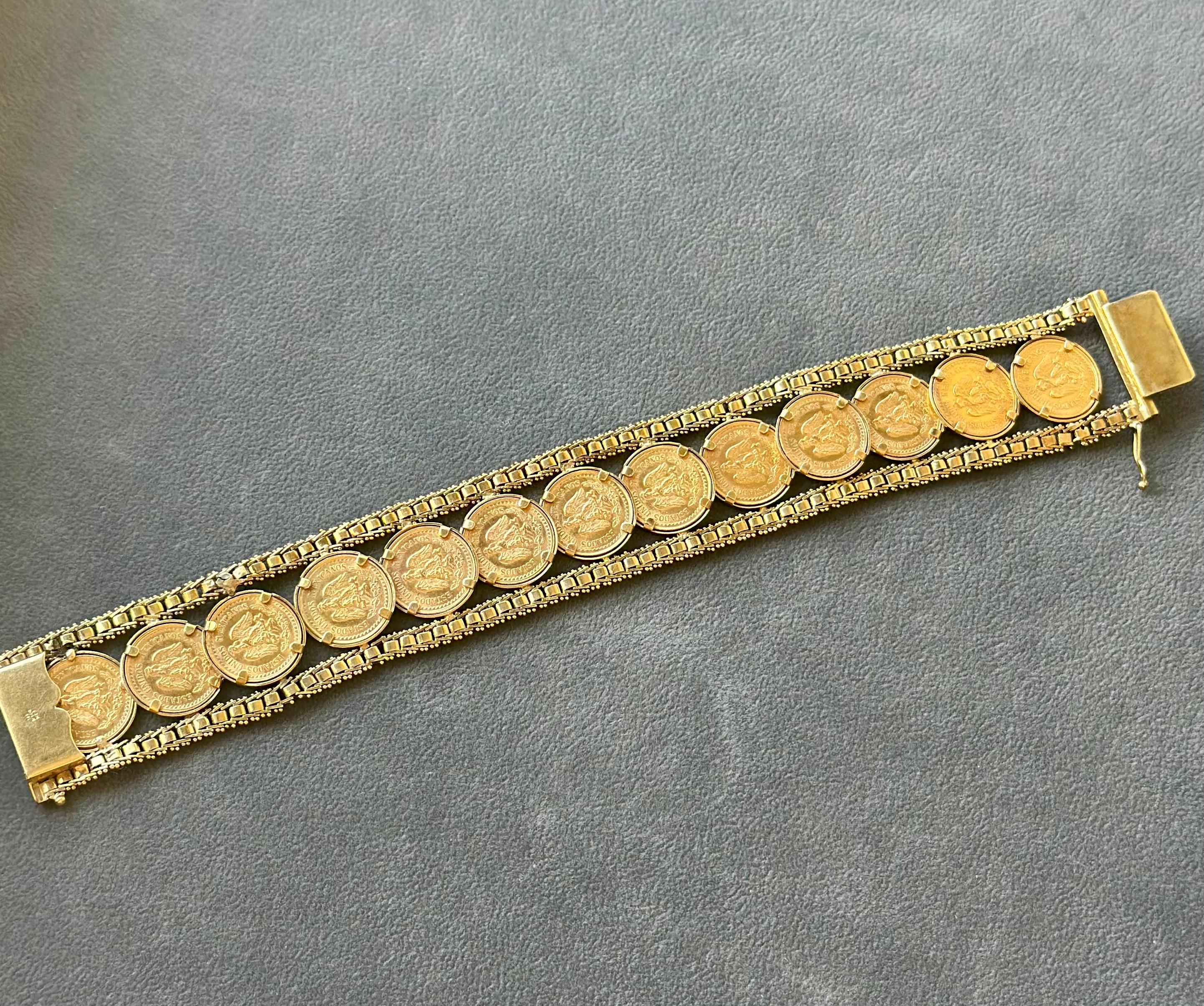 Vintage 22K 1945 2,5 Pesos-Münzen in 14K Gelbgold-Armband im Angebot 5