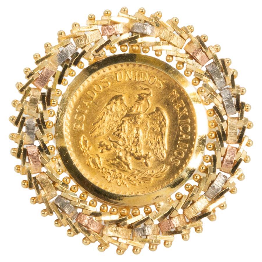 Vintage 22K 1945 Dos Pesos Coin in 14K Tri-Color Gold Frame Ring