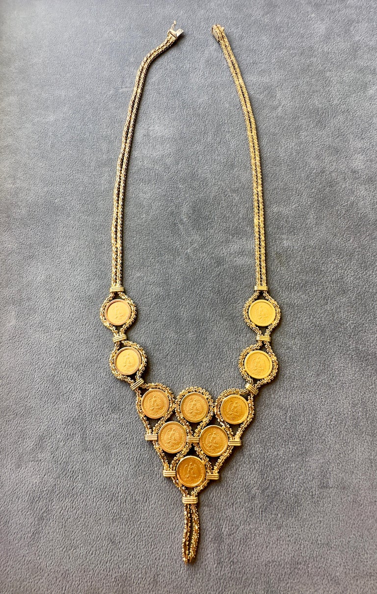 Vintage 22K 1945 Dos Pesos Coins in 14K Yellow Gold V-Necklace For