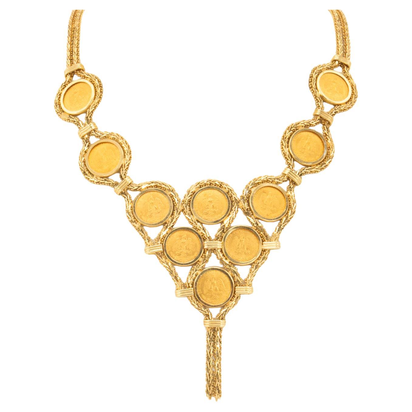 Collar en V Vintage de Oro Amarillo de 14 quilates con Monedas de Dos Pesos de 1945 en venta