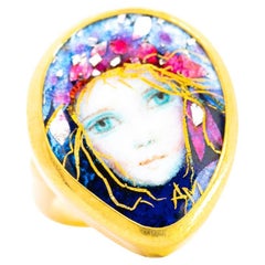 Vintage 22K Enamel and Gold "Auspice Maria" Saint Mary motif Christian Ring