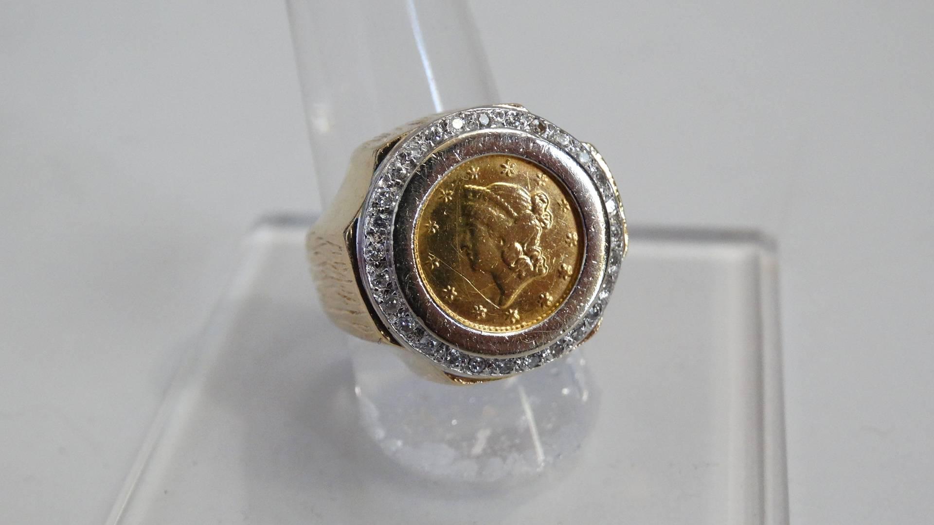 22k solid gold coin ring-antique gold coin ring solid gold early coin ring-floral designed
