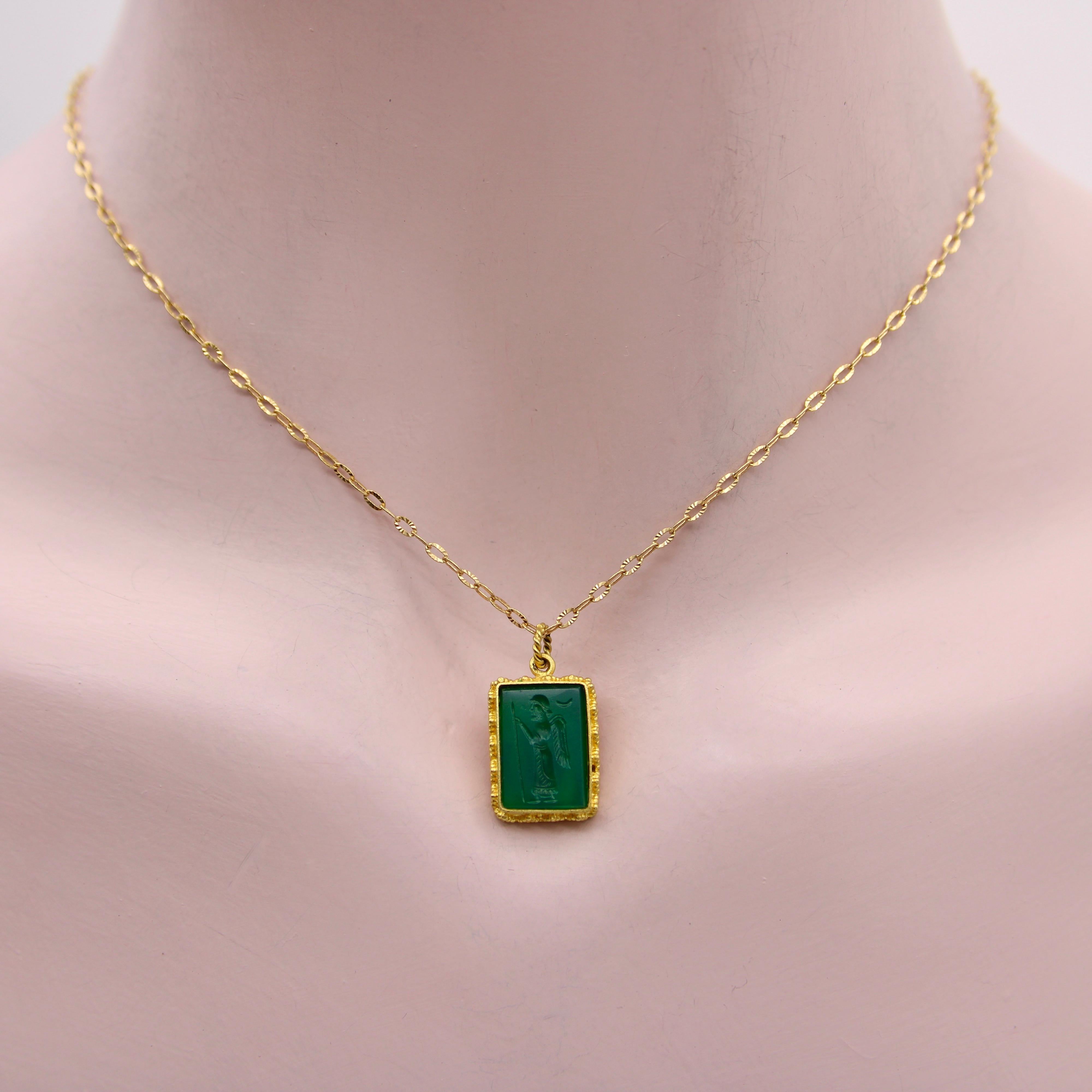 Tumbled Vintage 22K Gold and Green Chalcedony Intaglio of Zoroaster Pendant For Sale
