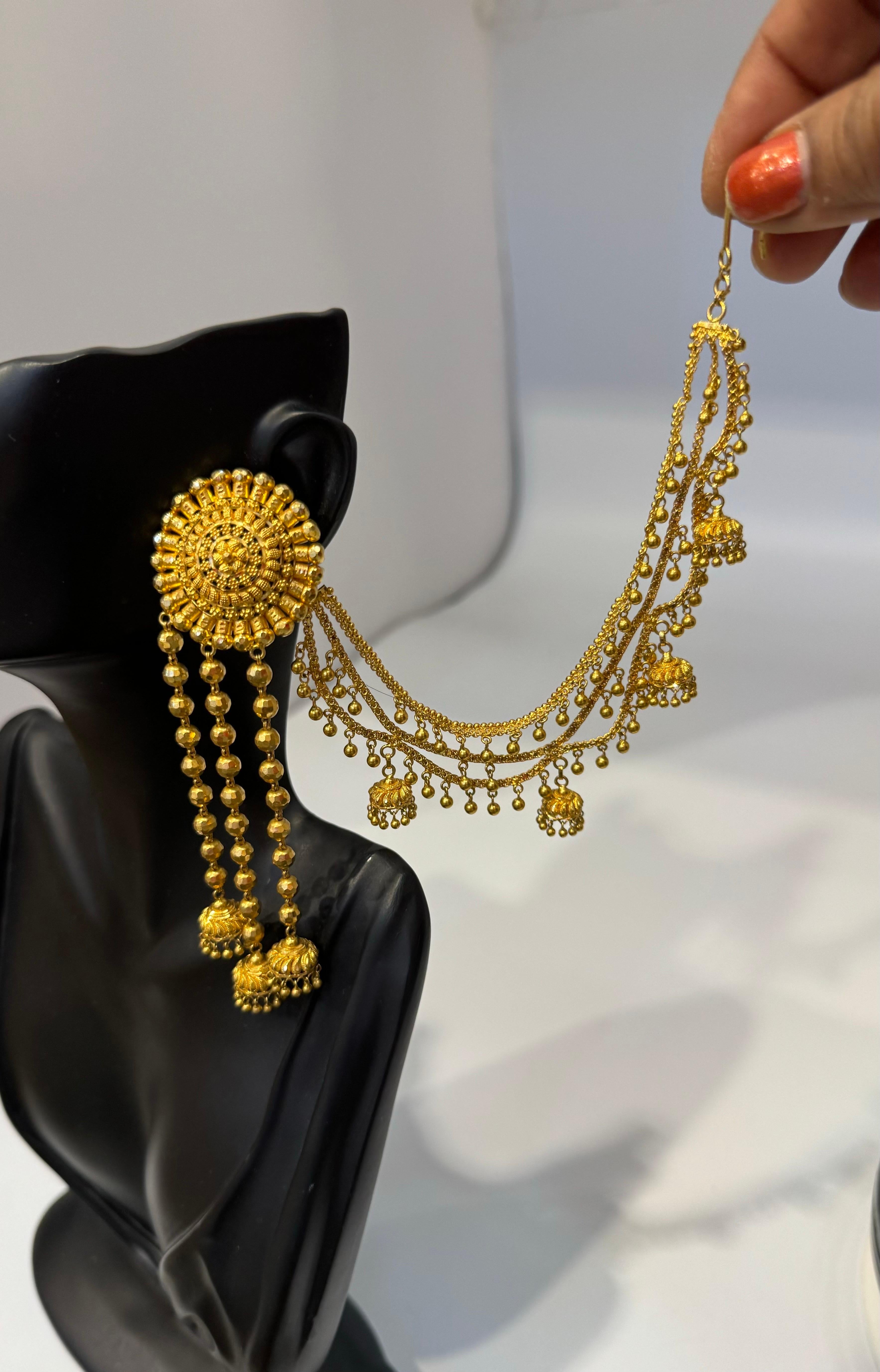 Vintage 22K Gold Drop Earrings with 'Attached' Champasaralu / Ear Chains, 72 GM For Sale 1