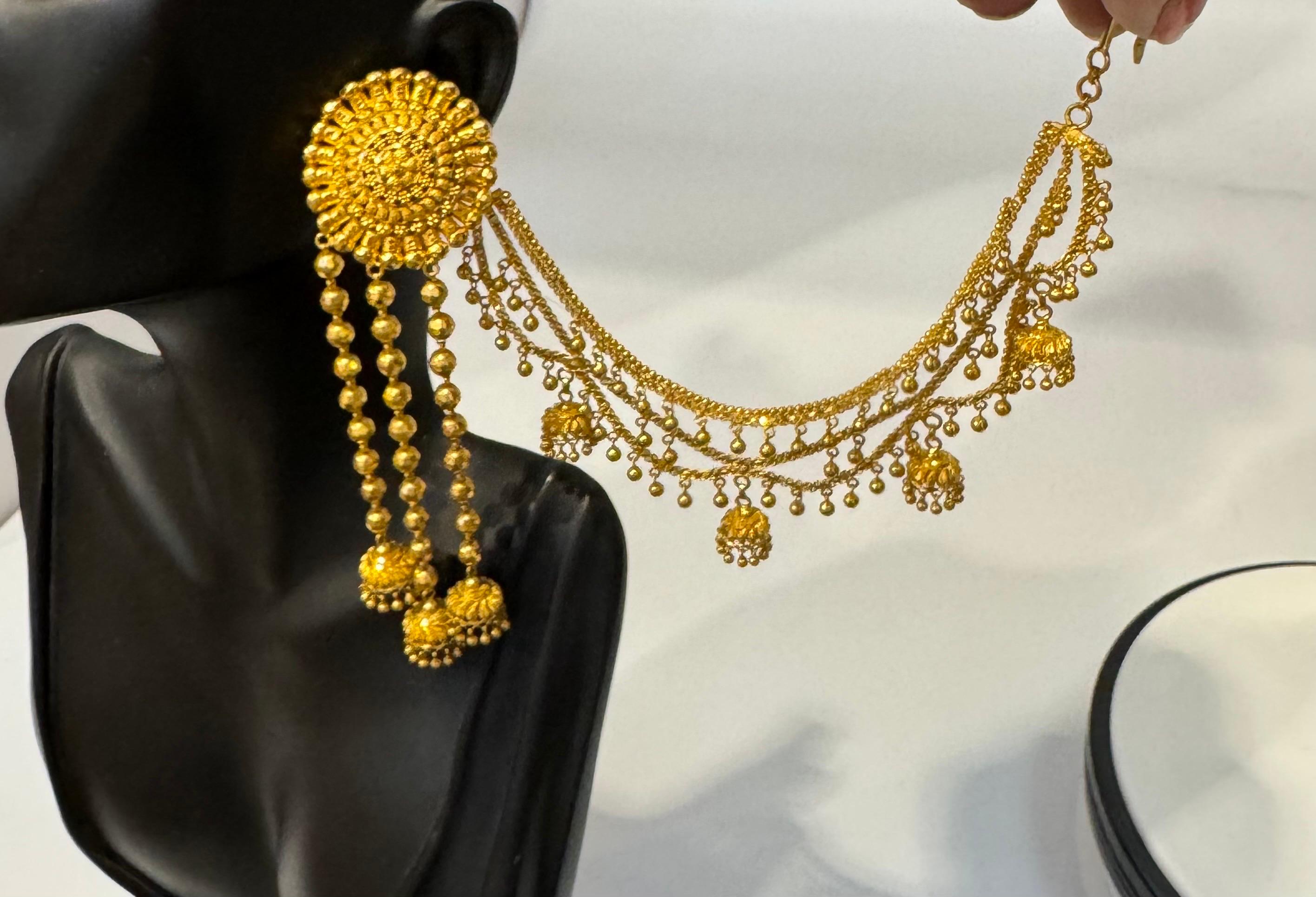Vintage 22K Gold Drop Earrings with 'Attached' Champasaralu / Ear Chains, 72 GM For Sale 3