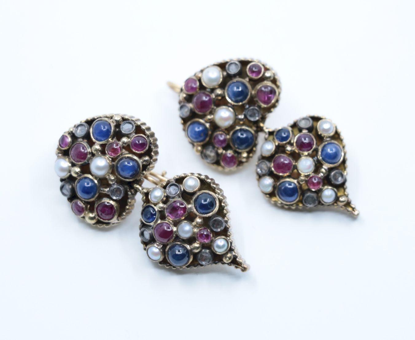 Cabochon Vintage 22K Gold Indain Mughal Gem Set Earrings For Sale