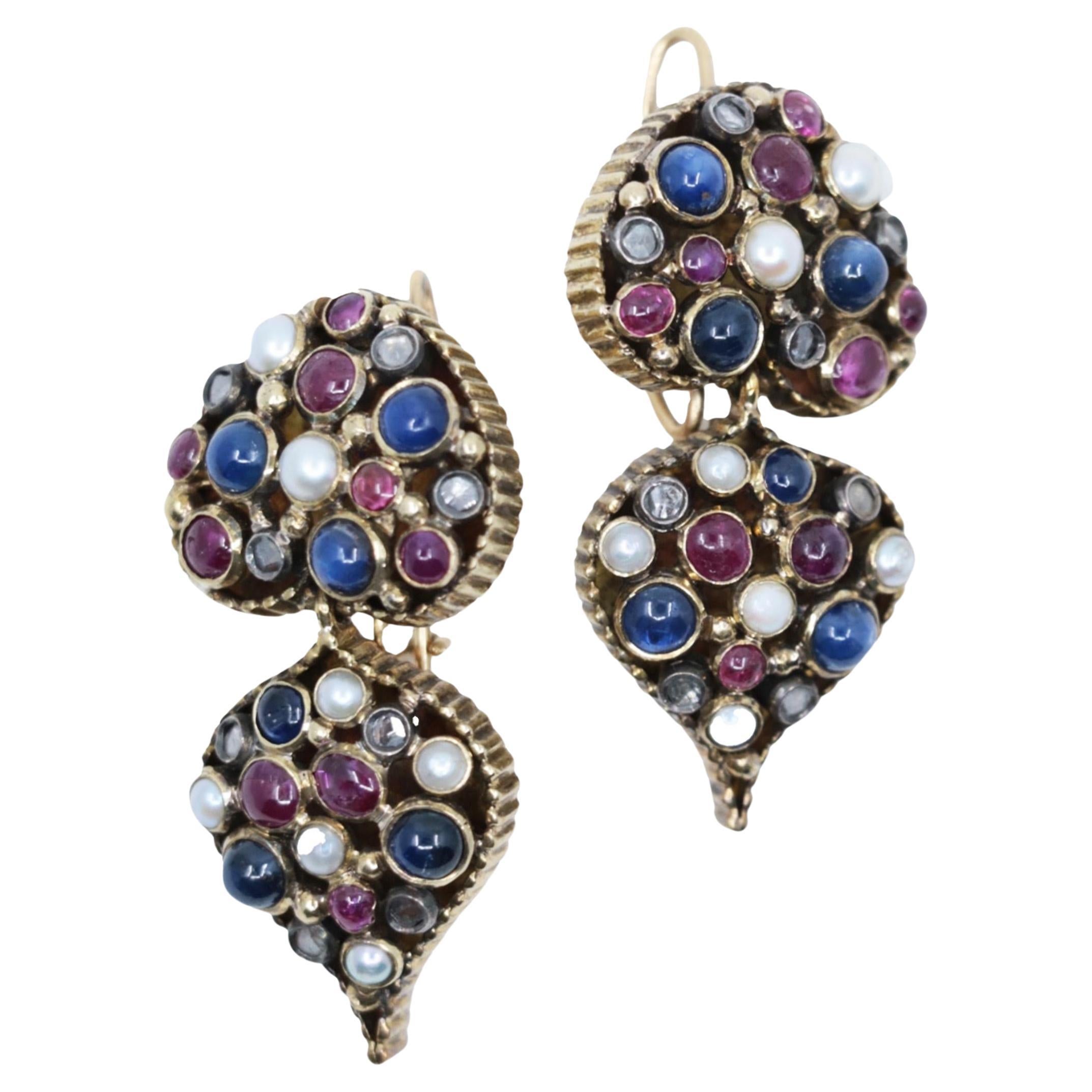 Vintage 22K Gold Indain Mughal Gem Set Earrings